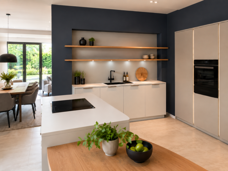 cuisine-haecker-evier-noir-etageres-bois-beige-pierre