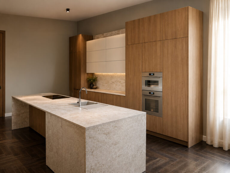 central en finition AV 3050-GL granit beige à des meubles en AV 2020-GL luxor brun, avec électroménagers intégrés. Cuisine Häcker avec îlot central en granit beige et meubles luxor brun