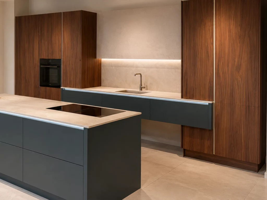 Cuisine Häcker avec îlot central bleu profond et colonnes en noyer élégant
